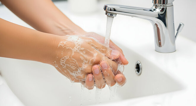Washing hands with soap and running water under a chrome faucet for personal hygiene and cleanliness in a bathroom sink.