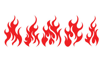Set of stylized red flame icons in various shapes and sizes. Perfect for hot design themes, fire graphics, tattoos, decals, and symbolic illustrations with bold, burning visual impact.