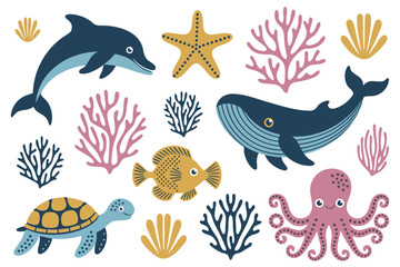 Fototapeta premium Cute Cartoon Sea Animals Illustration Dolphin, Whale, Octopus, Starfish, Turtle and Fish
