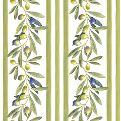 Seamless pattern watercolor green purple olives branch border stripes. Hand painted floral illustration olive fruit, tree branches, leaves transparent background. Drawings food. Edible foliage. 