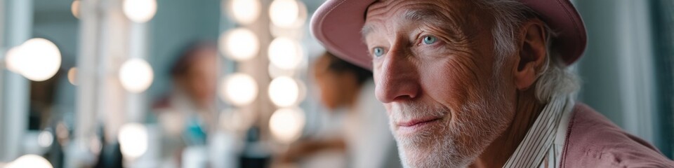 Elderly male actor prepares for performance in vibrant dressing room filled with lights