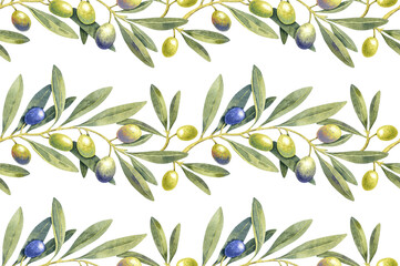 Watercolor green purple olives branch border seamless pattern. Hand painted floral illustration olive fruit, tree branches, leaves transparent background. Drawings food. Edible foliage. For menu