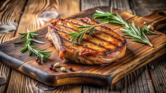 Crisp grilled pork chop resting on a rustic wooden board