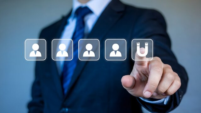 Businessman interacting with virtual interface, showcasing human resources, talent acquisition and recruitment concept with selection of candidates and attraction process for effective hiring.