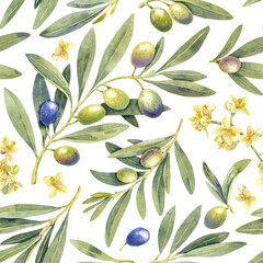 Seamless pattern watercolor green blue olive fruit branch. Hand painted floral illustration, tree branches, flowers bloom, leaves transparent background. Drawings food. Edible foliage. For menu
