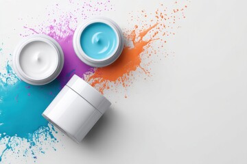 Close-up of acne treatment cream containers with vibrant colorful splashes on a clean background