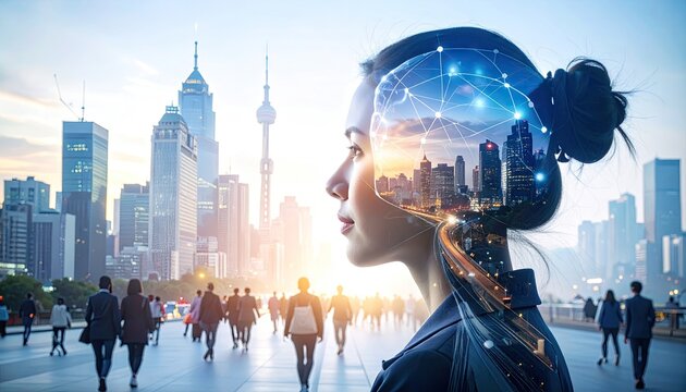 Futuristic woman in city