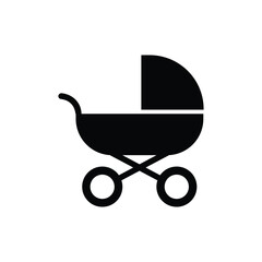 Simple black baby stroller icon on a white background. This minimalist design symbolizes parenting, childcare, or newborn-related services. Ideal for web, mobile apps, or printed materials.