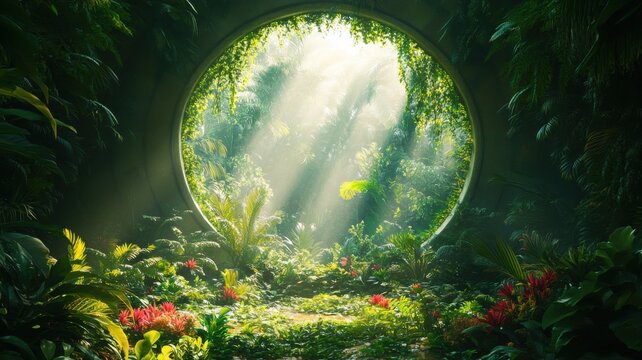 Sunlit Jungle Portal: A Mystical Garden Opening jungle garden mystical opening forest nature plants