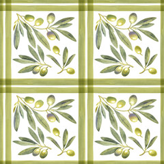 Seamless pattern watercolor green olives branch plaid stripes. Hand painted floral illustration olive fruit, tree branches, leaves transparent background. Drawings food. Edible foliage. Menu, fabric