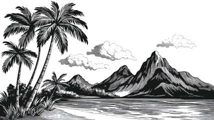 1950s Vintage Black White Tropical Woodcut Style Illustration for Adobe Stock Photos