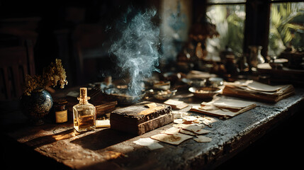 High quality warm sunlight illuminating a wooden desk with rising steam, papers, and scattered supplies.