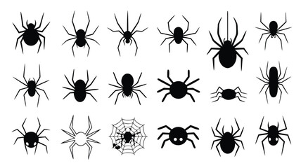 Various Silhouette Spider Designs on White Background, Including Web, for Halloween Decorations