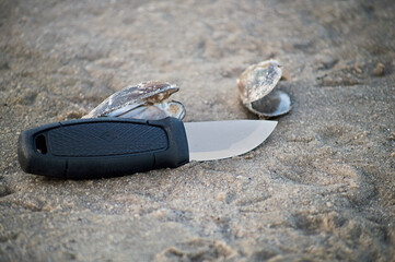 Hunting knife with a short blade lies on sand near mussels