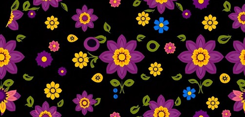 Vibrant purple, yellow, and blue geometric floral seamless pattern on dark background,  ornament,  pattern