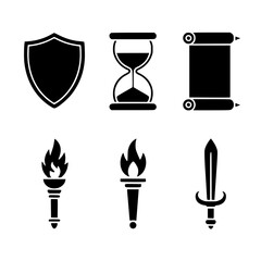 Ancient Artifacts: A collection of symbolic ancient artifacts, including a shield, hourglass, scroll, torch, and sword, all silhouetted against a pure backdrop, representing history.