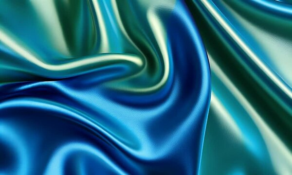 Abstract blue and green background with a shiny, wavy silk texture. Close-up. Abstract blue and green background with a glossy satin cloth. Shiny fabric