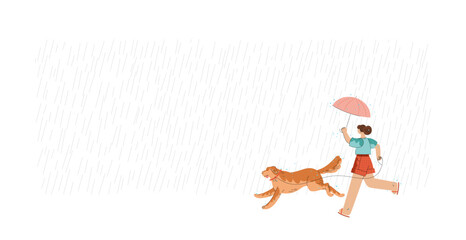 Girl with umbrella and dog are running in the rain