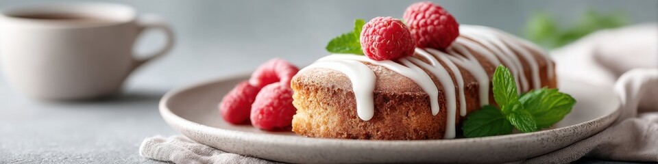 Delicious cake with icing and fresh raspberries on a plate beside a cup of coffee