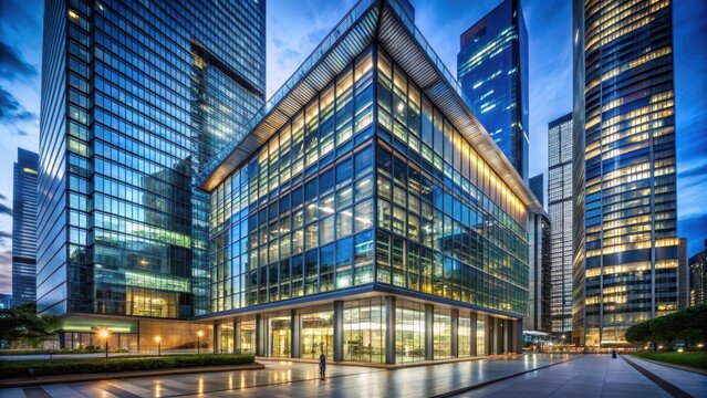 Modern skyscraper complex with sleek glass and steel fa?ade at night