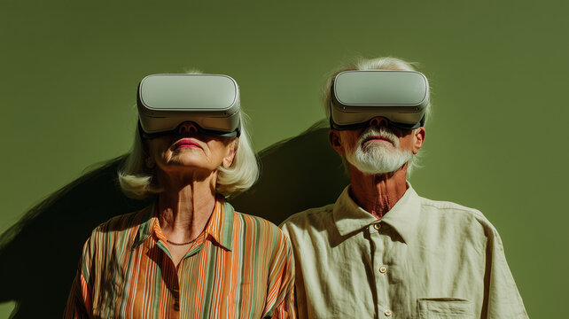 Senior Couple Wearing Virtual Reality Headsets in Front of Green Wall Background
