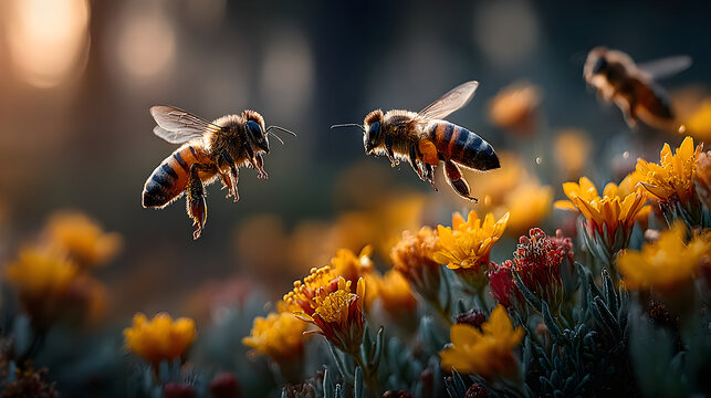 Honeybees buzzing around blooming yellow flowers bathed in warm evening sunlight - Powered by Adobe