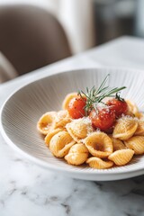 Delicious pasta dish with cherry tomatoes and cheese served in a cozy restaurant setting