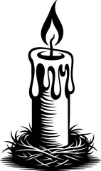 Black candle with dripping wax and flame on nest graphic design vector