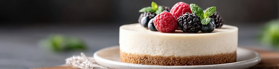 Delightful cheesecake topped with fresh berries on a rustic wooden table in a cozy kitchen