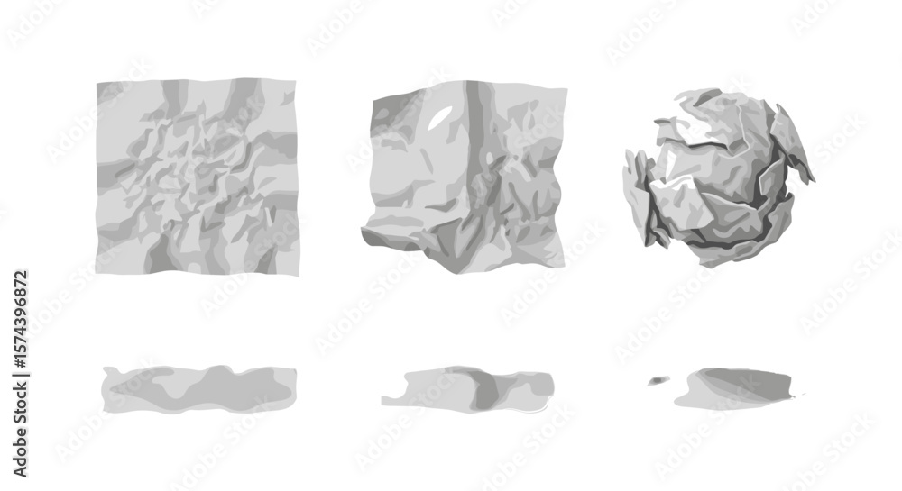 Poster collection of crumpled paper sheets in various stages of being crushed and compressed on white backg
