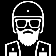 Biker Illustration Helmet Sunglasses Beard Black and White Vector Art: Icon of Motorcycle Culture, Masculinity, and Rebellion with Vintage and Tribal Themes