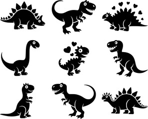 Black dinosaur silhouettes with hearts and spikes white prehistoric