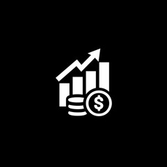 Minimalist Financial Growth Statistics Vector: Coin & Dollar Sign Iconography on Black Background with Chart and Trend Illustration for Investment, Wealth, and Money Management Visualization