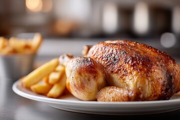 Juicy roasted chicken served with crispy golden fries in a cozy dining setting