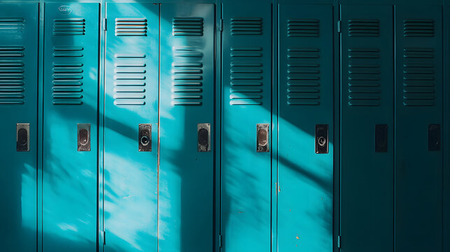 Rows of blue metal school lockers. 
