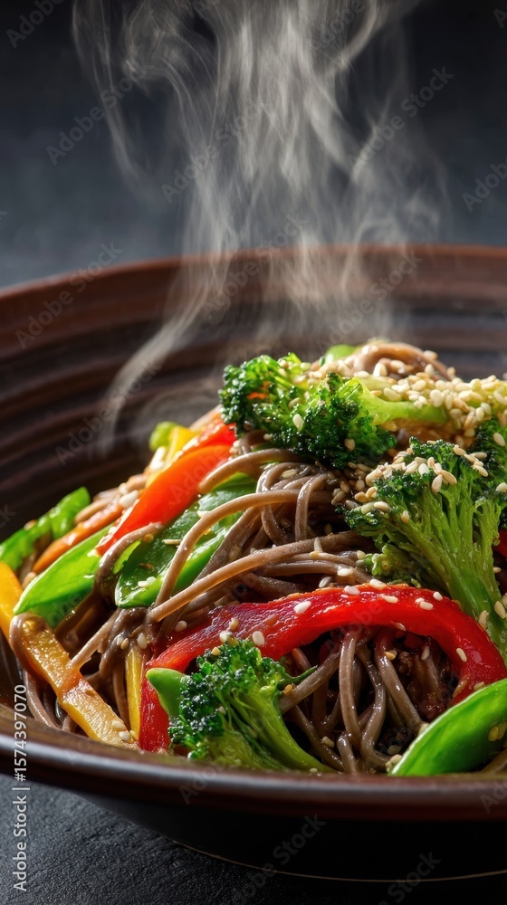 Aufkleber closeup of a steaming bowl of soba noodles intermingled with an array of bright steamed vegetables s