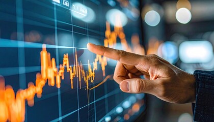 Hand pointing at financial data on a screen