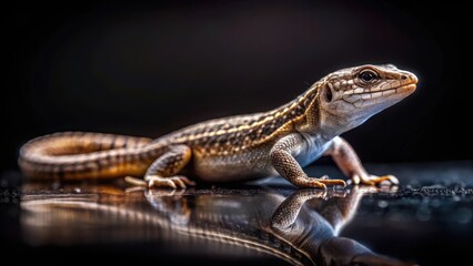 Fototapeta premium Small reptile with rounded body and long tail sitting on a dark surface