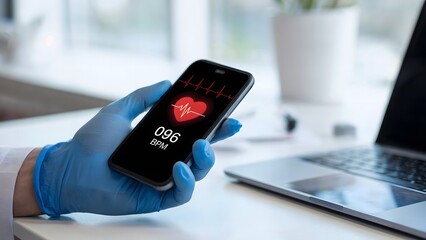Health monitoring on smartphone display shows heartbeat, doctor in medical gloves using healthcare mobile app near a laptop for remote patient monitoring and online consultation.