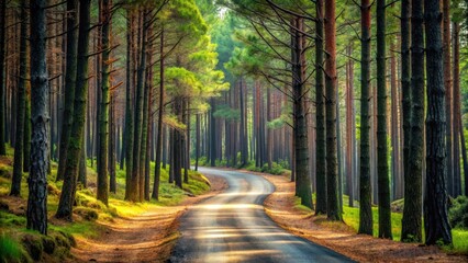 Fototapeta premium A winding forest road surrounded by tall pine trees with their branches intertwined above the path