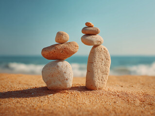 Spa rocks stacked in balance on sandy beach