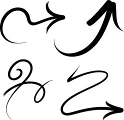 Black hand drawn arrow shapes with varied curves and pointers vector