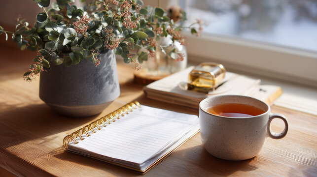 Peaceful desk setup with planner, tea, and plant