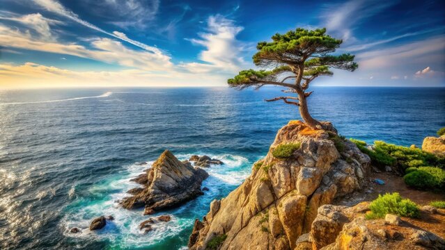 A solitary pine tree stands tall on a rugged coastal cliff overlooking a serene ocean landscape with waves gently lapping at the rocky shores