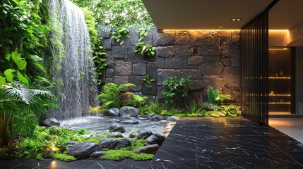 Lush indoor waterfall garden with stone walls and dark floor.