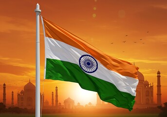 Indian flag waves at sunset with taj mahal silhouette
