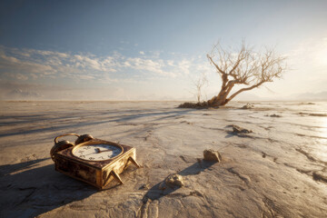 A surreal desert landscape with a vintage alarm clock melting into cracked earth under a vast sky, beside a lone twisted tree casting a long morning shadow. ai generative