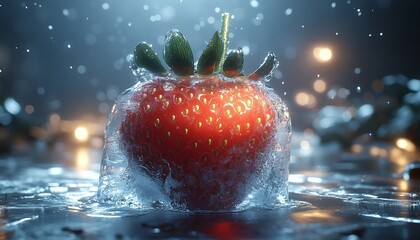 Closeup Of A Red Berry Splashing Into Water, Dynamic Lighting, Dark Backgrounds