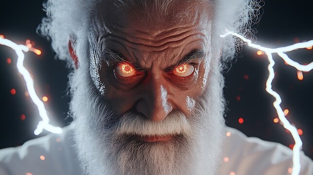 Close-up portrait of a man with fiery red eyes and a long white beard.