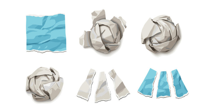 Collection of crumpled paper balls and torn pieces of paper in varying shapes and arrangements